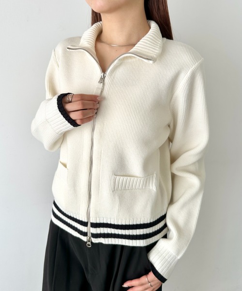 ニット セーター Matin Kim(マーティンキム)/バックロゴ ハイネック ダブルジップ ニット カーディガン ブルゾン/Knit Zip-up at12：03 ニット セーター Matin Kim(マーティンキム)/バック