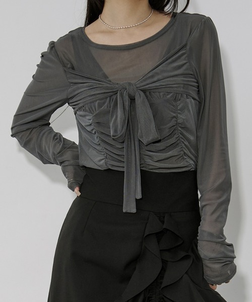 Ezick tシャツ shirring sheer ビスチェシアートップス レディース