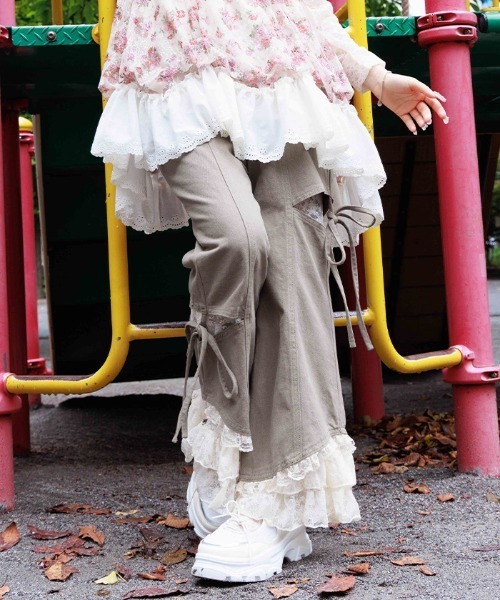 axes femme パンツ レース付スリット×リボンパンツ レディース