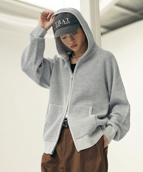 Bleme パーカー ウール混 ダブルジップ 2トーン ニットパーカー メンズ