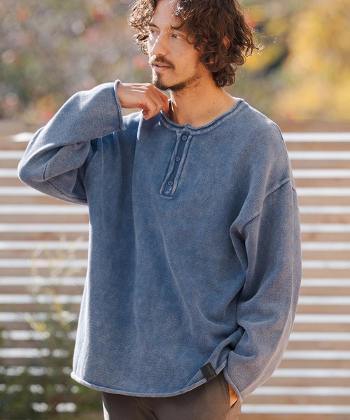 Mabling BUNNY ヘンリーネックTシャツ ズボン セット ブルー 韓国 ヘンリーネック重ね着風長袖Tシャツ | レディースファッション通販