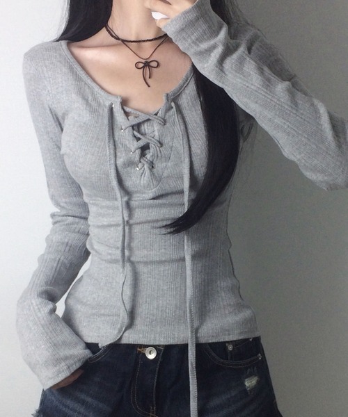 tシャツ 「26春夏新作」フロントレースアップデザインロンT レディース | lulufa | 02