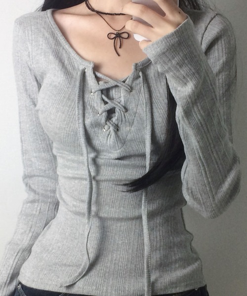 tシャツ 「26春夏新作」フロントレースアップデザインロンT レディース | lulufa | 14