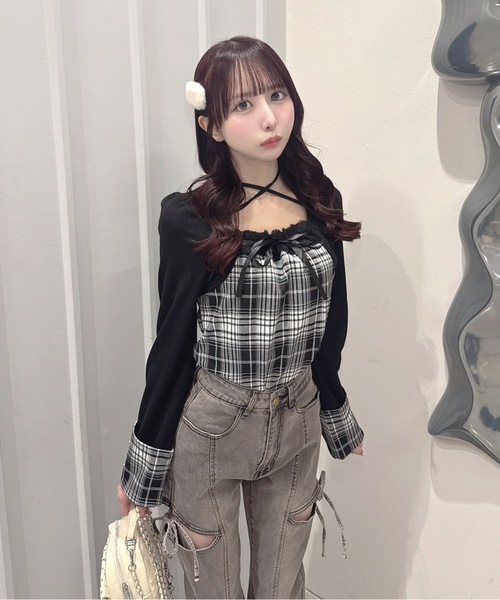 chopovalowenaチェック柄タンクトップ チェック柄 バルーンデザイン 切り替え タンクトップ MONO-MART LADY'S