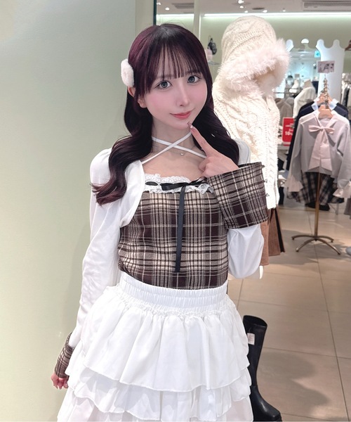 one way（ワンウェイ） tシャツ チェック×ボレロ風トップス レディース oneway 半袖チェック×ボレロ風トップス