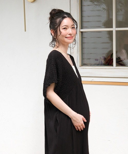 マタニティ 「産前・産後対応」マタニティ／シャーリングVワンピース　668367の画像