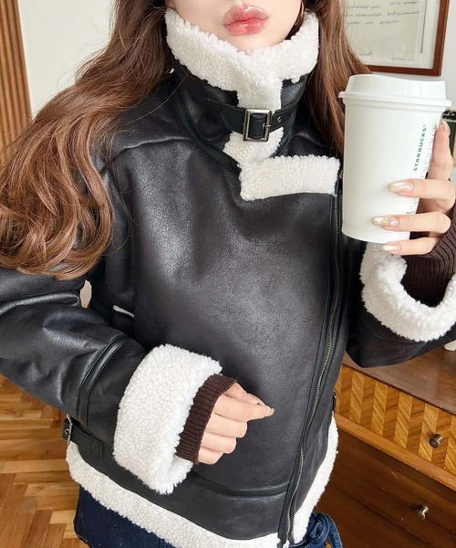 ムートンコート ボアコート 「累計販売枚数1万枚突破！」フェイクレザー×ボアフェイクムートンライダースジャケットブルゾン レディース | moment+ | 06
