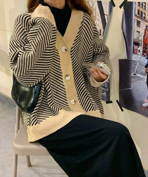 LACーVERT カーディガン シェブロンオーバーサイズニットカーディガン