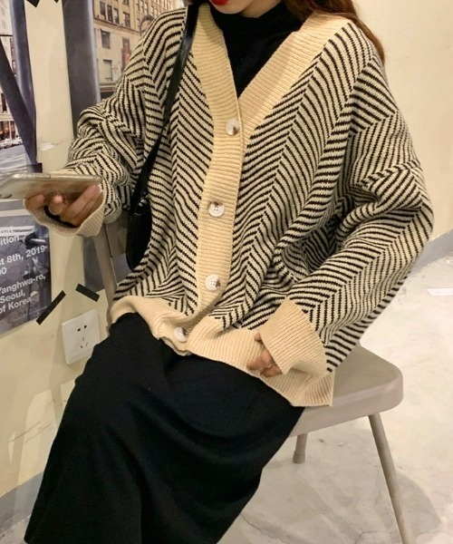 LACーVERT カーディガン シェブロンオーバーサイズニットカーディガン
