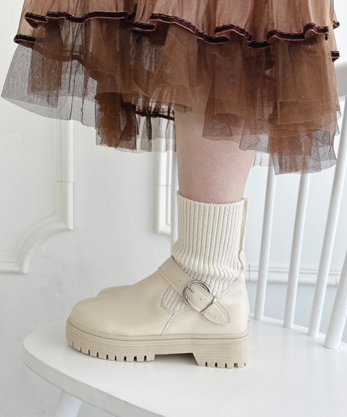 Loueme ブーツ ニットドッキングベルトソックスブーツ レディース