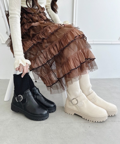 Loueme ブーツ ニットドッキングベルトソックスブーツ レディース