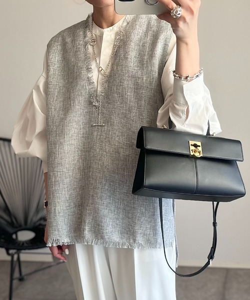 Eclat one ベスト ジレ フリンジ ツイード ベスト レディース