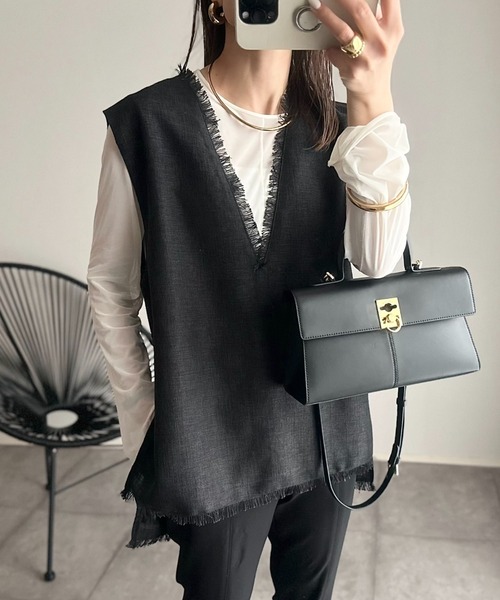 美品　フリンジ付きツイードベスト ELFRANK ベスト ジレ ツイードフリンジベスト レディース : ZOZOTOWN