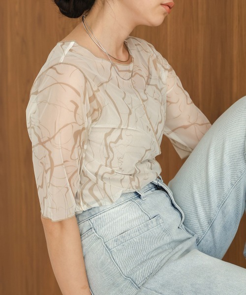 BAB tシャツ 前後2WAYマーブルシアーメッシュトップス