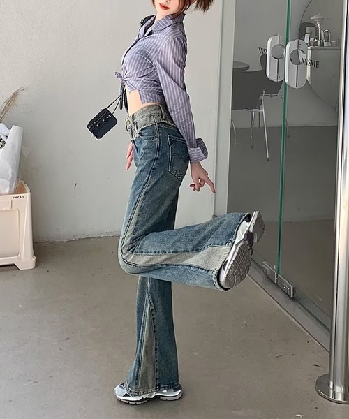 SpRay（スプレイ）の「切替デニムフレアパンツ（デニムパンツ 