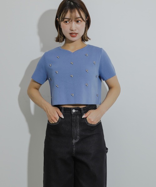 新品♡ハートビジューニット L.B CANDY STOCK]【USAGI ONLINE限定】ハートビジューボタン