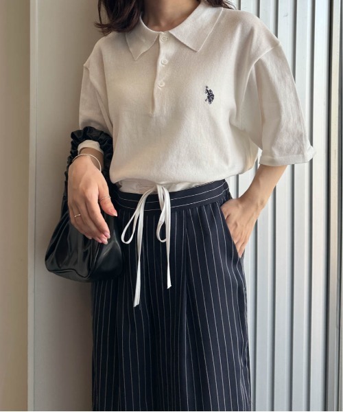 ニット セーター 「U.S.POLO ASSN.」 ワンポイント刺繍半袖ニットポロシャツ レディース