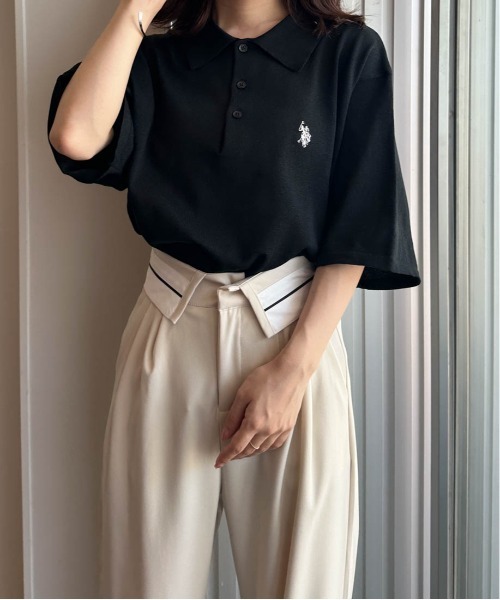 ニット セーター 「U.S.POLO ASSN.」 ワンポイント刺繍半袖ニットポロシャツ レディース