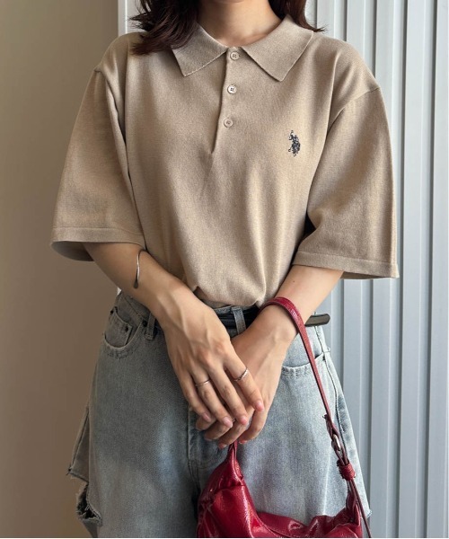ニット セーター 「U.S.POLO ASSN.」 ワンポイント刺繍半袖ニットポロシャツ レディース