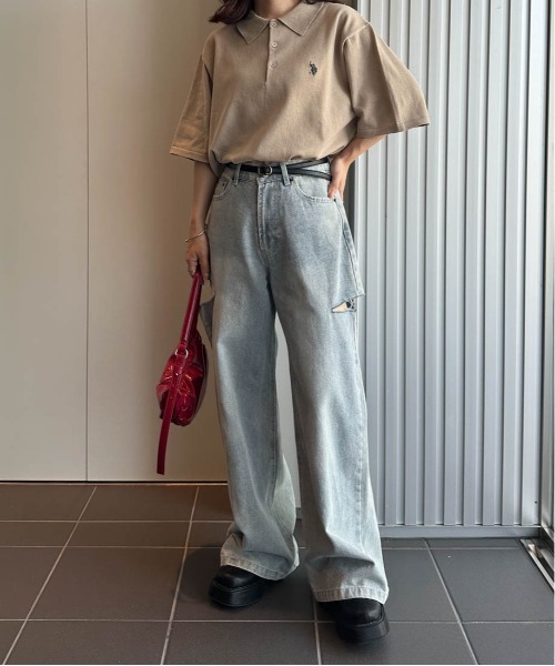 ニット セーター 「U.S.POLO ASSN.」 ワンポイント刺繍半袖ニットポロシャツ レディース