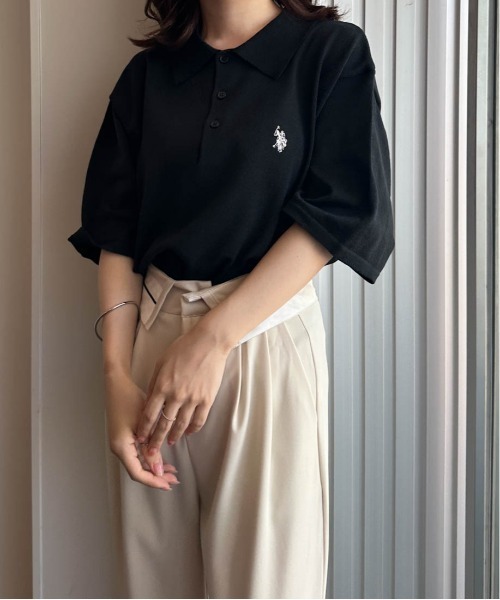 ニット セーター 「U.S.POLO ASSN.」 ワンポイント刺繍半袖ニットポロシャツ レディース