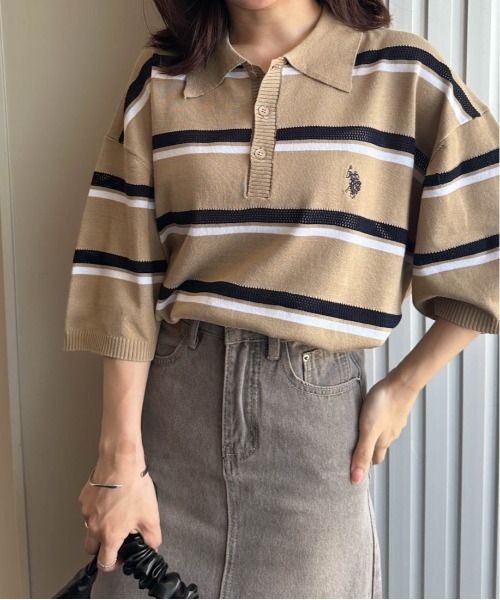 ニット セーター 「U.S.POLO ASSN.」 ワンポイント刺繍半袖ニットポロシャツ レディース