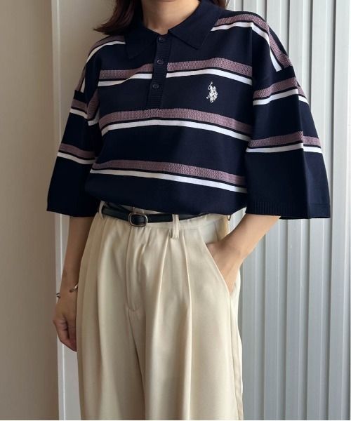 ニット セーター 「U.S.POLO ASSN.」 ワンポイント刺繍半袖ニットポロシャツ レディース