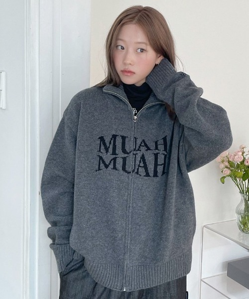 パーカー A'GEM/9 × .kom 「muah muah/ムーアムーア」 LAMBSWOOL JACQUARD KNIT ZIPUP/ラムウールジ