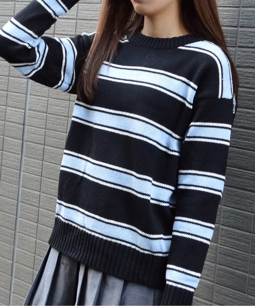 ニット セーター 「spiritoso」クルーネックルーズボーダーニット(CP) レディース