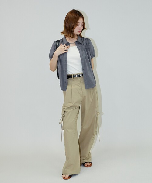 キャピタル　ベージュ ワークパンツ リボン付き PUBLUX（パブリュクス） ワイドパンツ パンツ リボン付きワークワイド