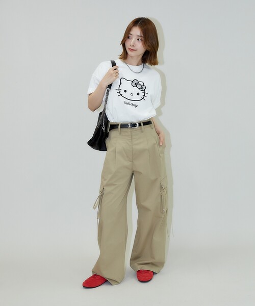 キャピタル　ベージュ ワークパンツ リボン付き PUBLUX（パブリュクス） ワイドパンツ パンツ リボン付きワークワイド