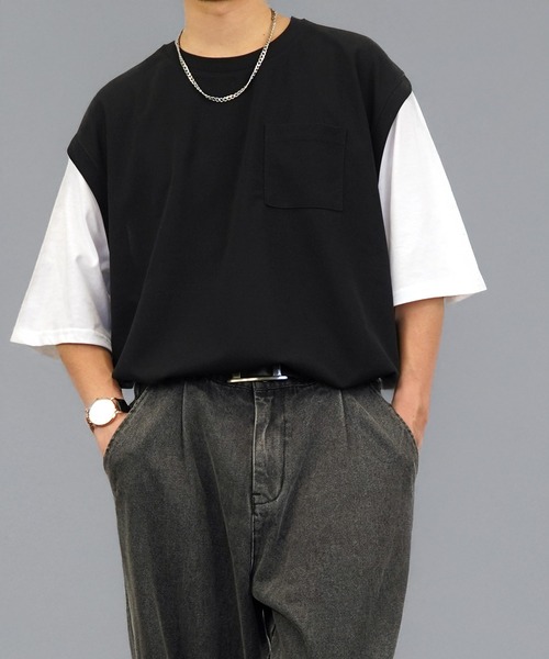 tシャツ オーバーサイズ ベスト風 Tシャツ 無地 カットソー