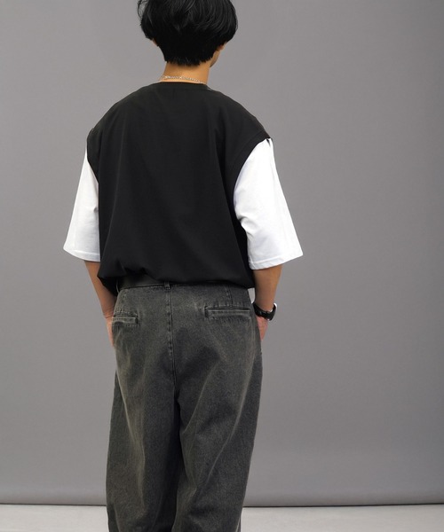 tシャツ オーバーサイズ ベスト風 Tシャツ 無地 カットソー メンズ