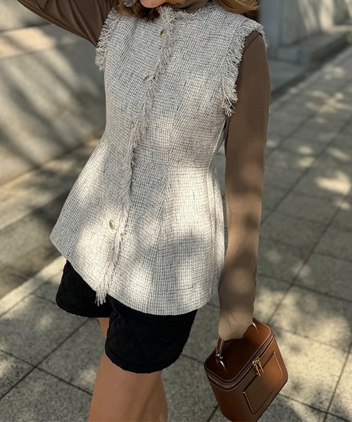 ベスト ジレ ツイードフリンジベスト「低身長・小柄女性向け」 レディース ST.ROONEY ベスト ジレ ツイードフリンジベスト「低身長・小柄