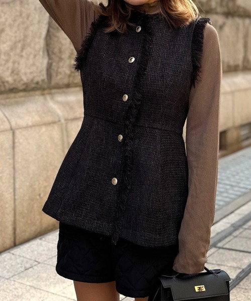 ベスト ジレ ツイードフリンジベスト「低身長・小柄女性向け」 レディース