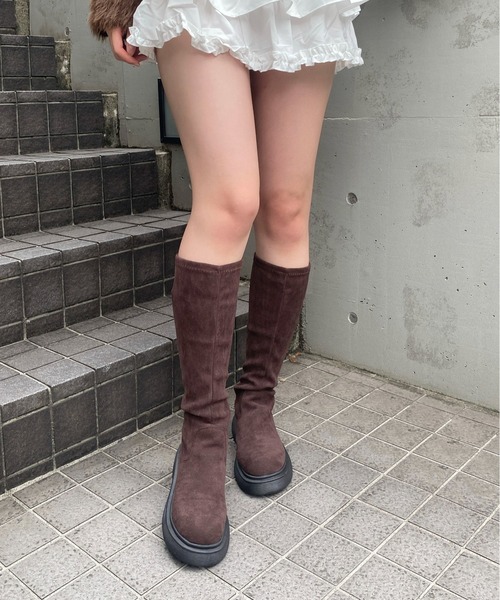 Mejoul ブーツ 厚底ボリュームソールフェイクスウェード ストレッチ