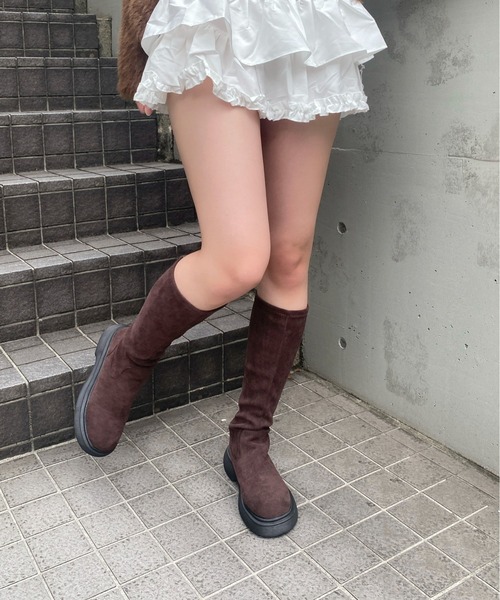 Mejoul ブーツ 厚底ボリュームソールフェイクスウェード ストレッチ