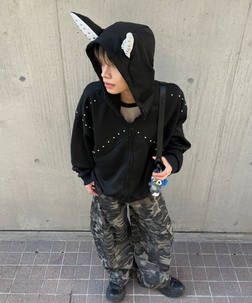 lilful パーカー 「26年春夏新作」耳付き切り替えリベットジップアップ