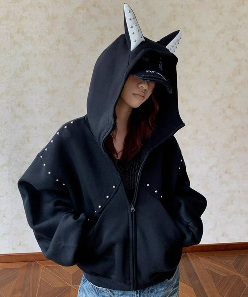 lilful パーカー 「26年春夏新作」耳付き切り替えリベットジップアップ