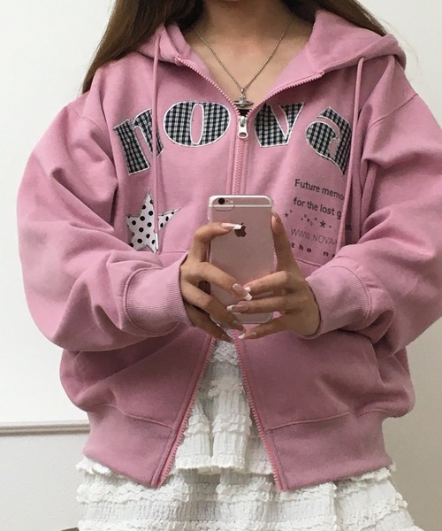 Supreme ジップアップパーカーＬ くすみピンク チェック裏地 Jungle Storm（ジャングルストーム） パーカー チェックワッペンZIP