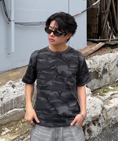 ADAMASTE ヘンリーネック tシャツ Camouflage Thermal Henry Neck T