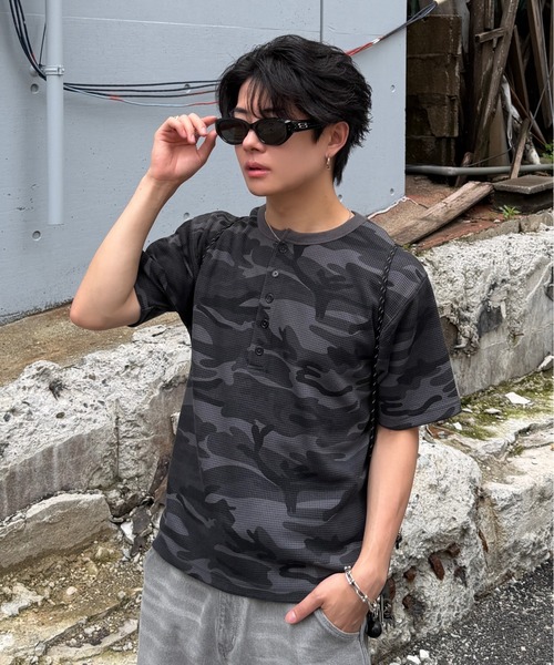 ADAMASTE ヘンリーネック tシャツ Camouflage Thermal Henry Neck T
