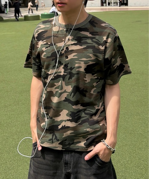 ADAMASTE tシャツ Camouflage Thermal Henry Neck T-shirt - 迷彩