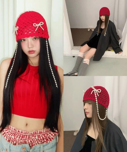 L LABEL（エルラベル） ニット帽 ニットキャップ パールリボン付き