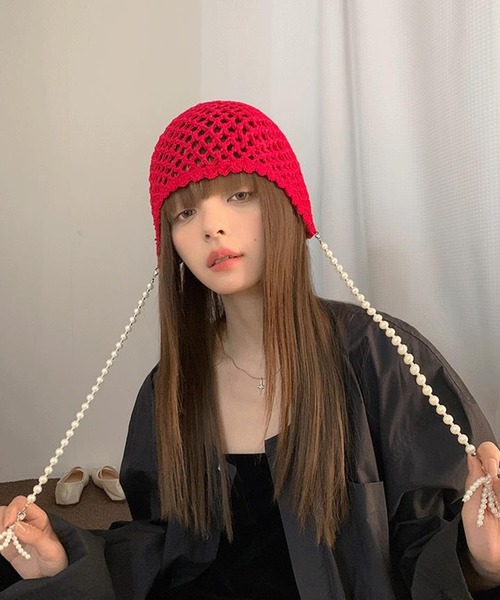 25AW GIRL リボンニット帽 赤 L LABEL（エルラベル） ニット帽 ニットキャップ パールリボン付き
