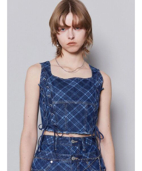 ★新品 EMODA ネイビー ブルー 花柄 EMODA（エモダ） タンクトップ ノースリーブ サイドレースアップデニム