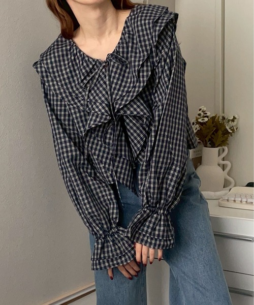 新品タグつき♡ジャスグリッティー 今季 チェックラッフルブラウス♡ ブラウス シャツ ラッフル チェックブラウス「NOUA」 レディース