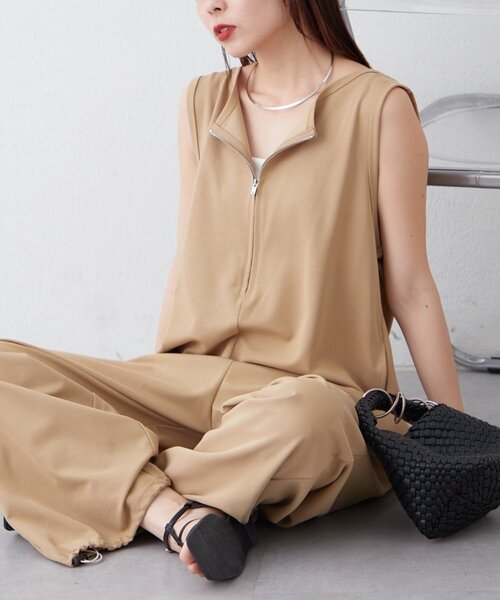 オールインワン 「3サイズ展開」フロントZIP裾ドロストオールインワン レディースの画像