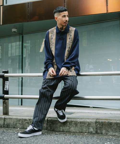 「Subciety」 長袖ポロシャツ LARGE ネイビー メンズ_画像9