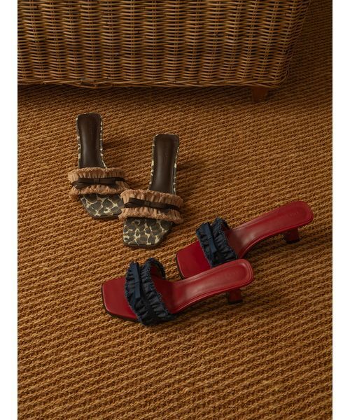 サンダル フリンジリボンミュールサンダル レディースの画像